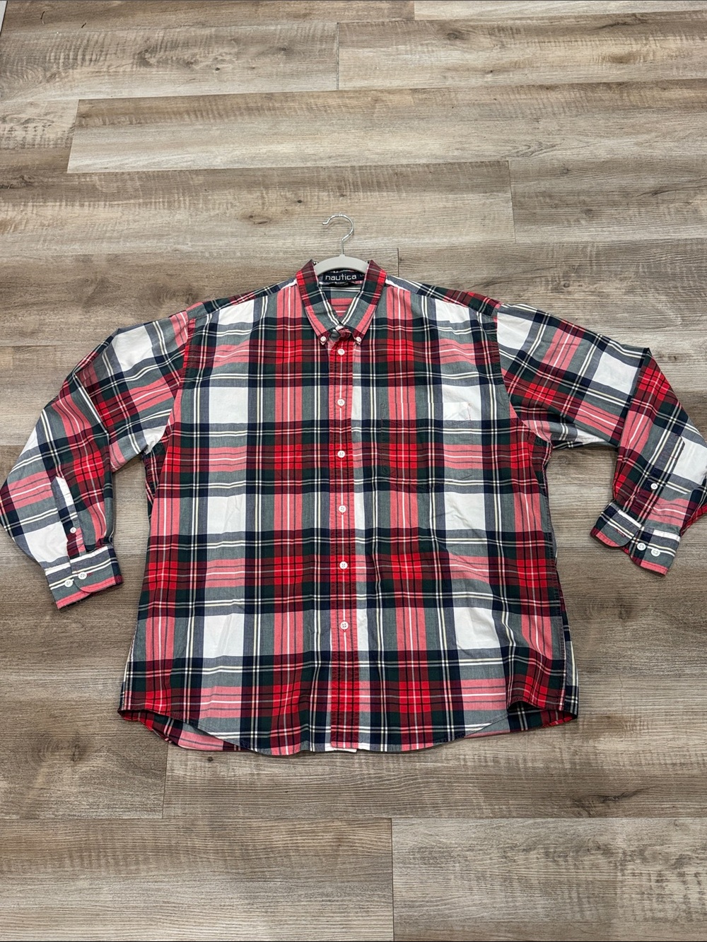 Vintage Nautica Red Navy White Tartan Plaid Button-Down Shirt Size Large - Picture 2 of 11